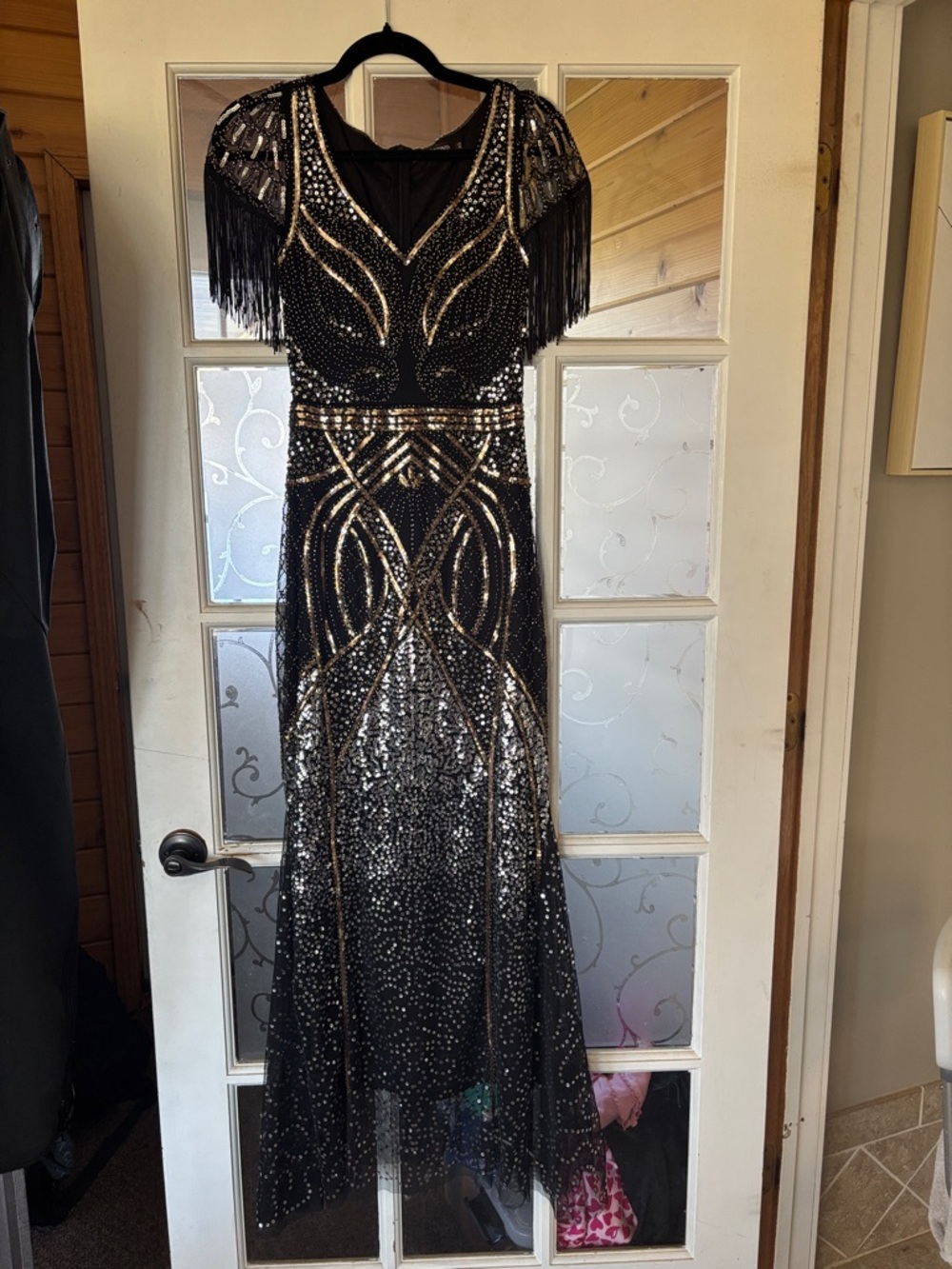 Black Sequin Fringe Evening Dress